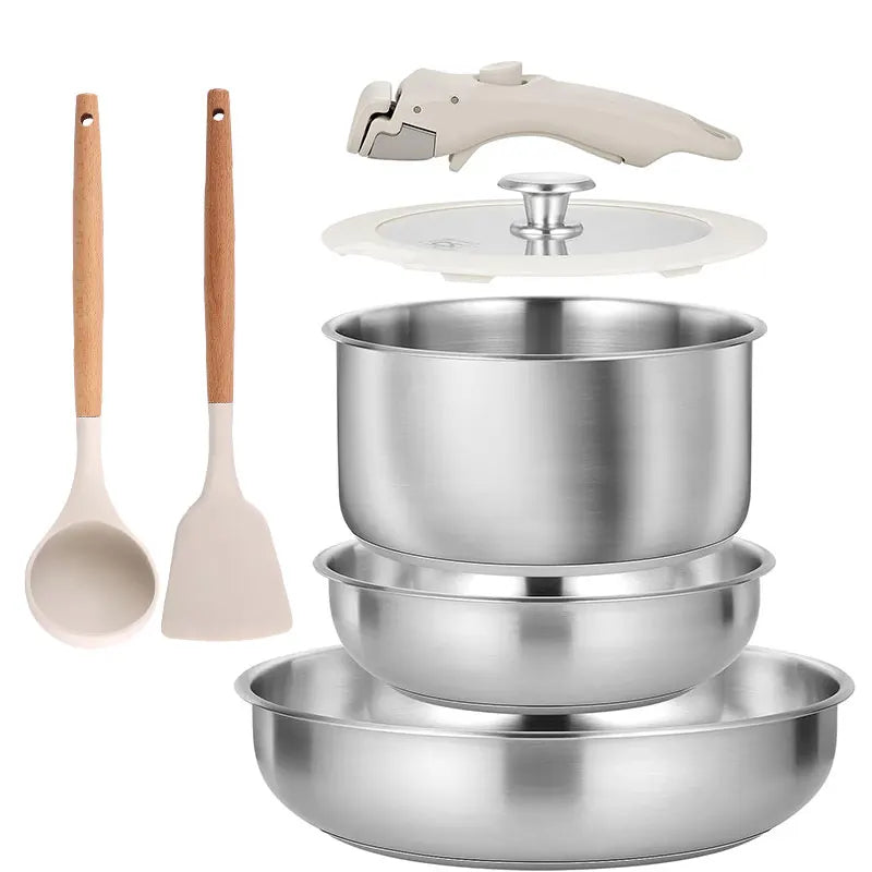 Set de casseroles et poêles en inox à poignée amovible